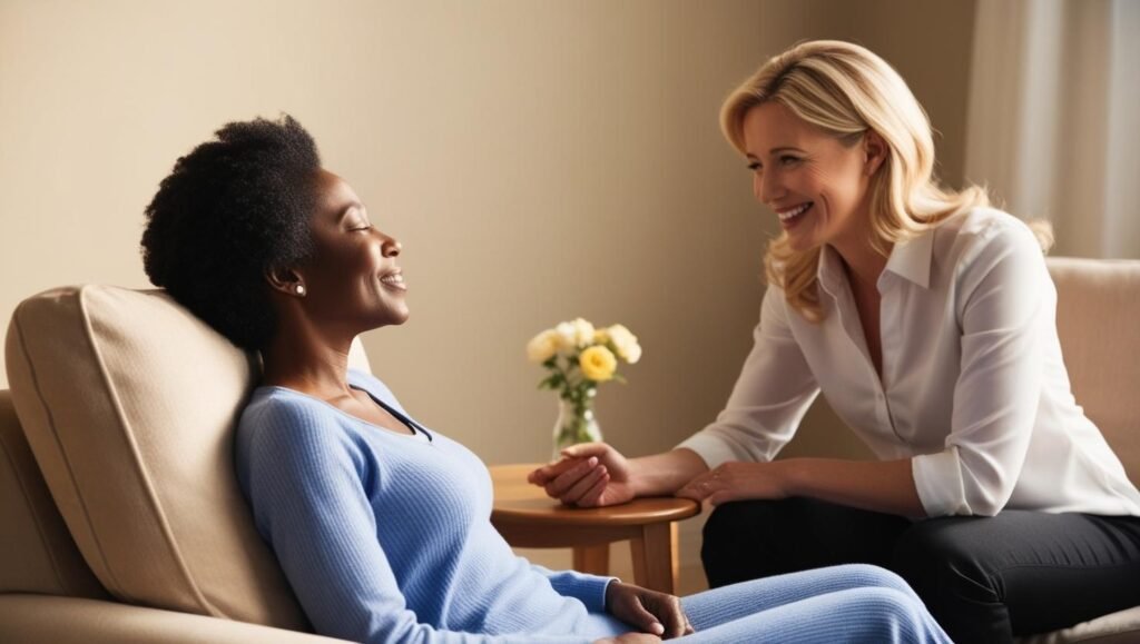 Black woman smiling in a peaceful, relaxed state during a hypnosis session