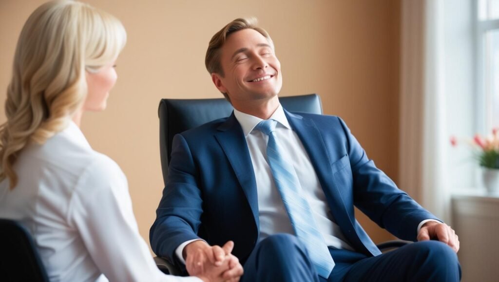 business man looking relieved after hynosis