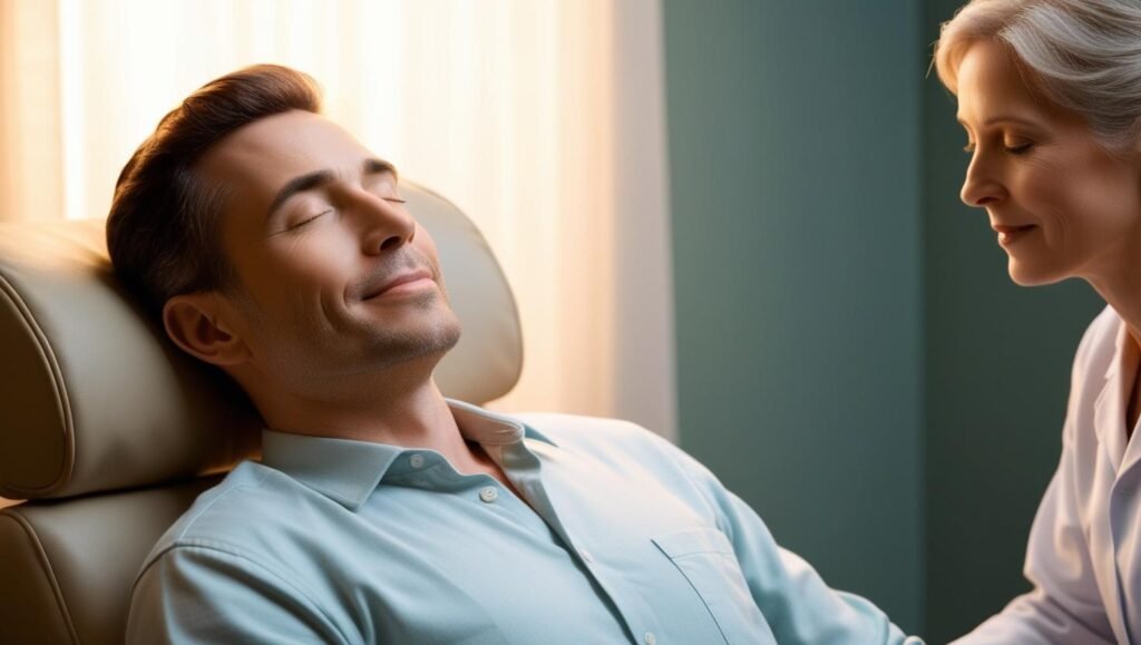 man getting hypnotized and looking peaceful