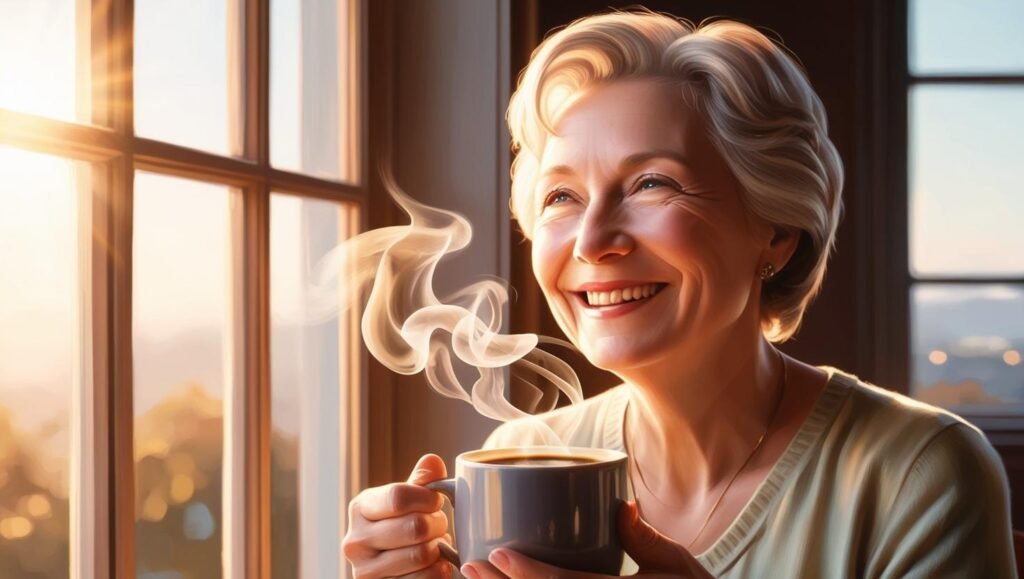 middle aged woman happily gaziing out of her window