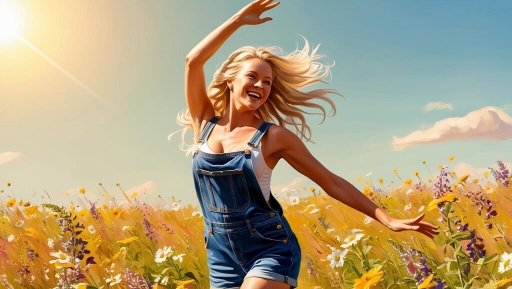 happy women dancing in field of flowers