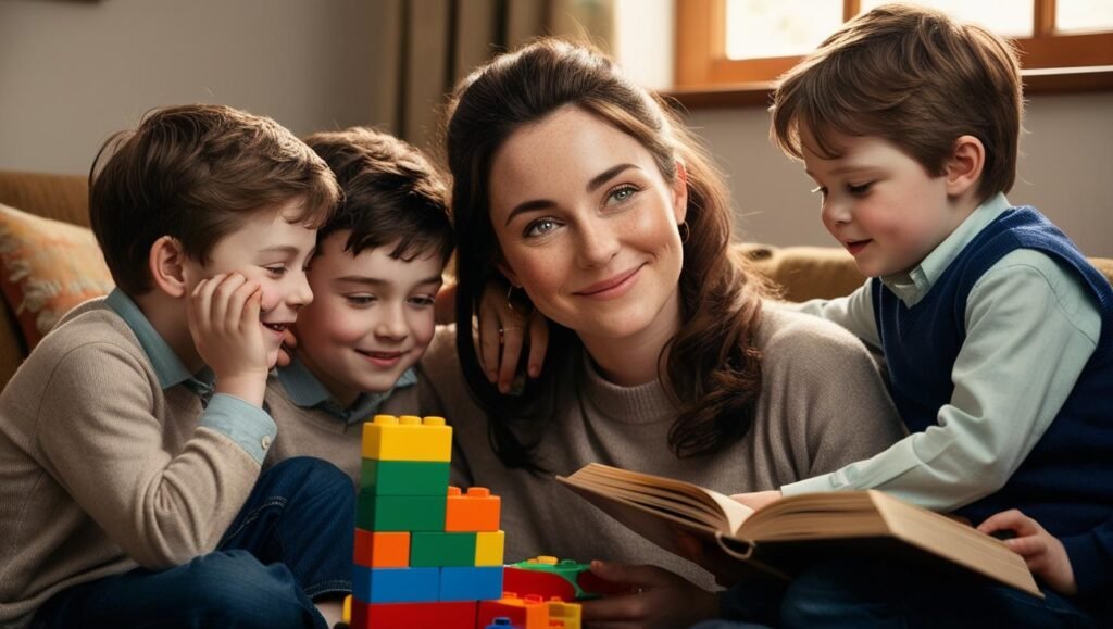 mother relaxing calmly while surrounded by her children