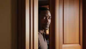 African American man looking around the corner, contemplating answering the door.