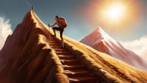 Man building resilience through climbing up steps and overcoming obstacles.
