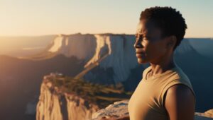Woman looking out over heights, overcoming her fear.