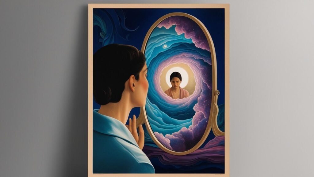 Woman looking into a mirror and self reflecting.