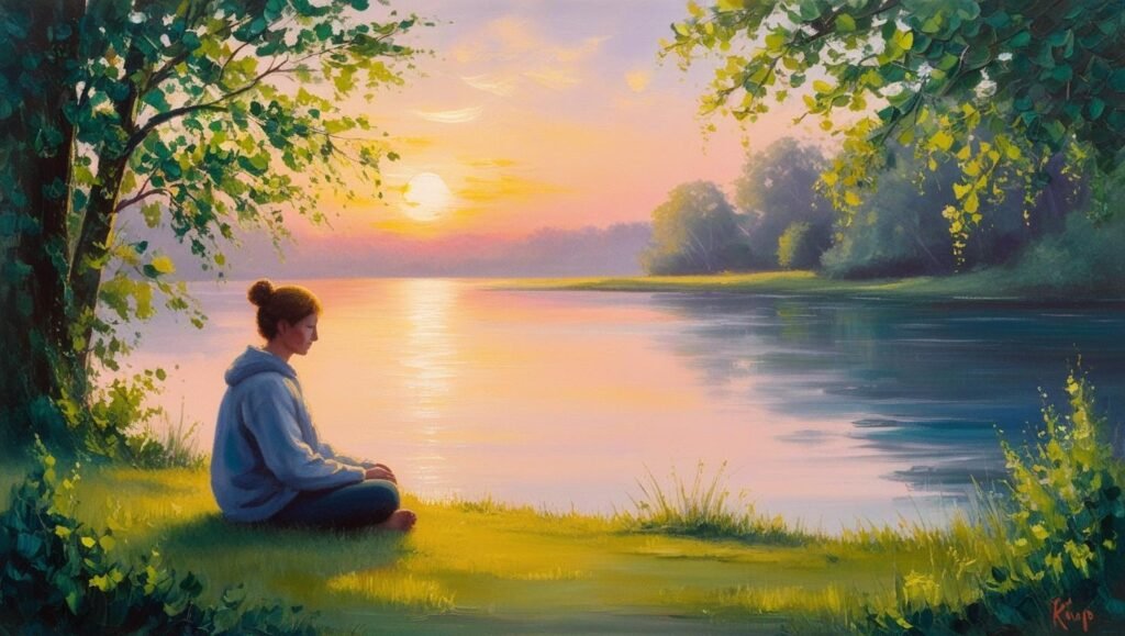 Woman meditating by a lake looking out at the sunset.