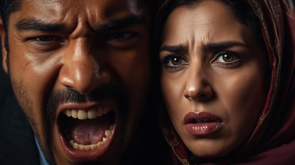 man yelling, passive woman