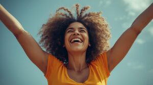confident woman celebrating victory over anxiety