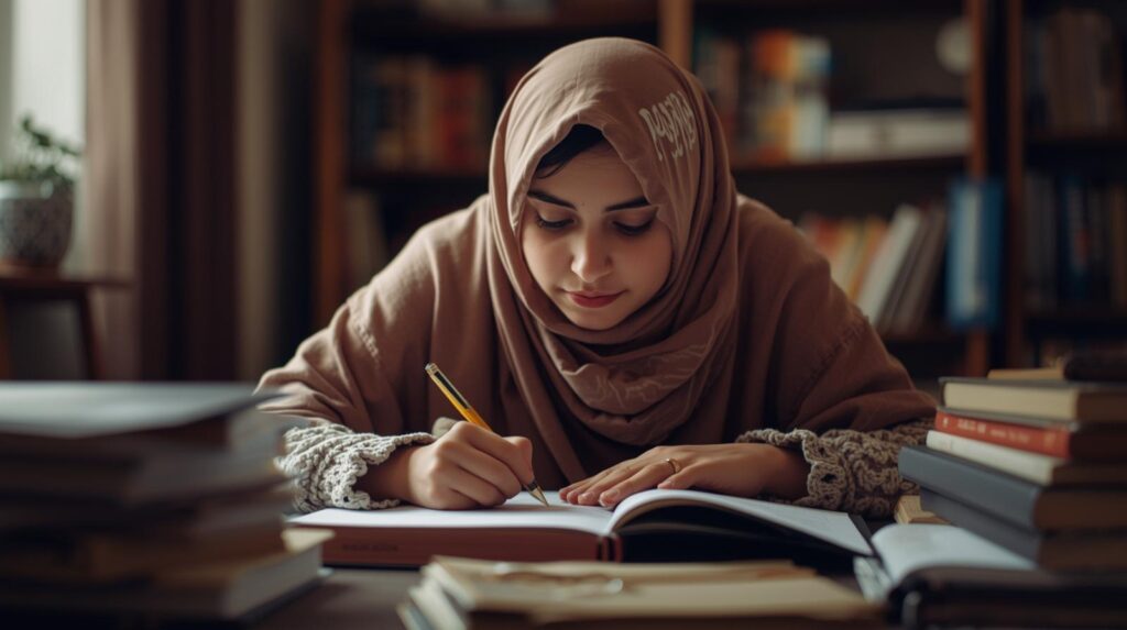 Muslim girl studying for a test