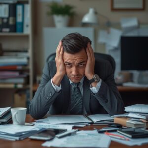stress ed and overwhelmed executive with toxic mindset