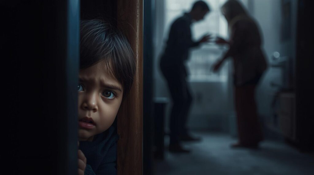 traumatized child hiding during family chaos