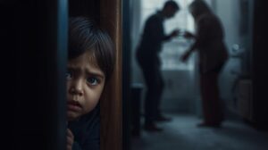 traumatized child hiding during family chaos