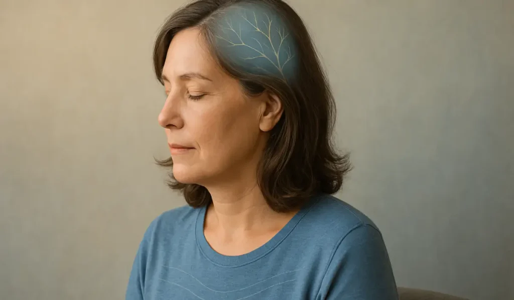 Calm woman with subtle brain imagery representing subconscious belief change through nervous system regulation