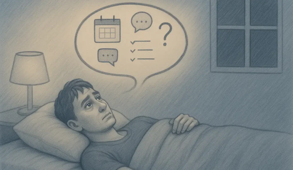 Illustration of a person lying awake in bed at night, showing Nighttime Anxiety through looping thoughts such as worries, reminders, and unanswered questions above their head.