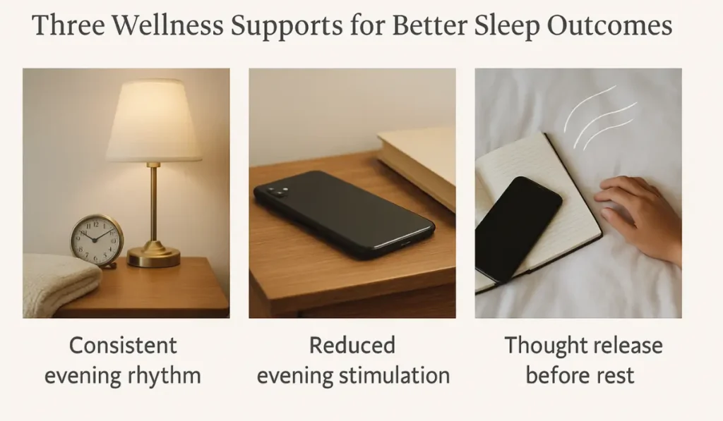 Three images showing nighttime anxiety support practices, including a calm evening lamp and clock, a phone set aside to reduce stimulation, and a notebook used for releasing thoughts before rest.