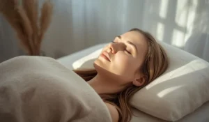 Calm woman in a peaceful hypnotherapy session for releasing subconscious guilt and emotional stress