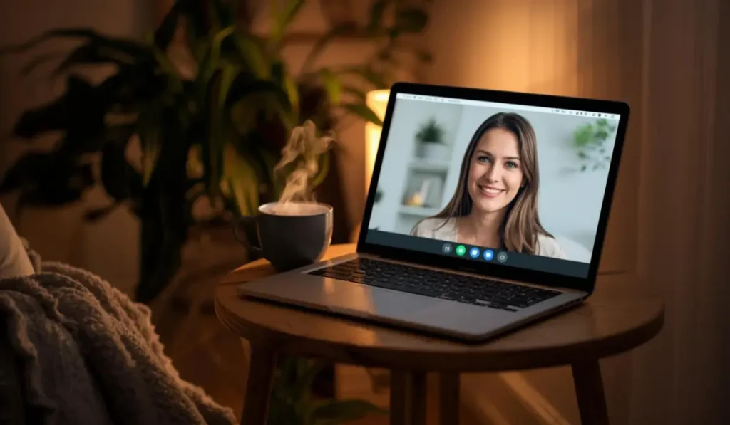 Calm and private online hypnosis session setup with a smiling therapist on a Zoom call, cozy home setting with blanket and warm lighting