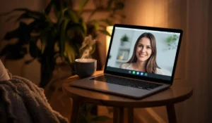 Calm and private online hypnosis session setup with a smiling therapist on a Zoom call, cozy home setting with blanket and warm lighting