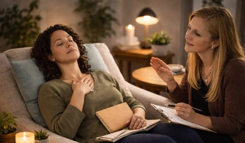 Professional hypnotherapy session helping a highly sensitive person regulate emotional responses in a calm therapy setting