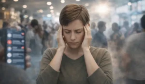 Highly sensitive people experiencing sensory overload anxiety in a crowded, overstimulating environment