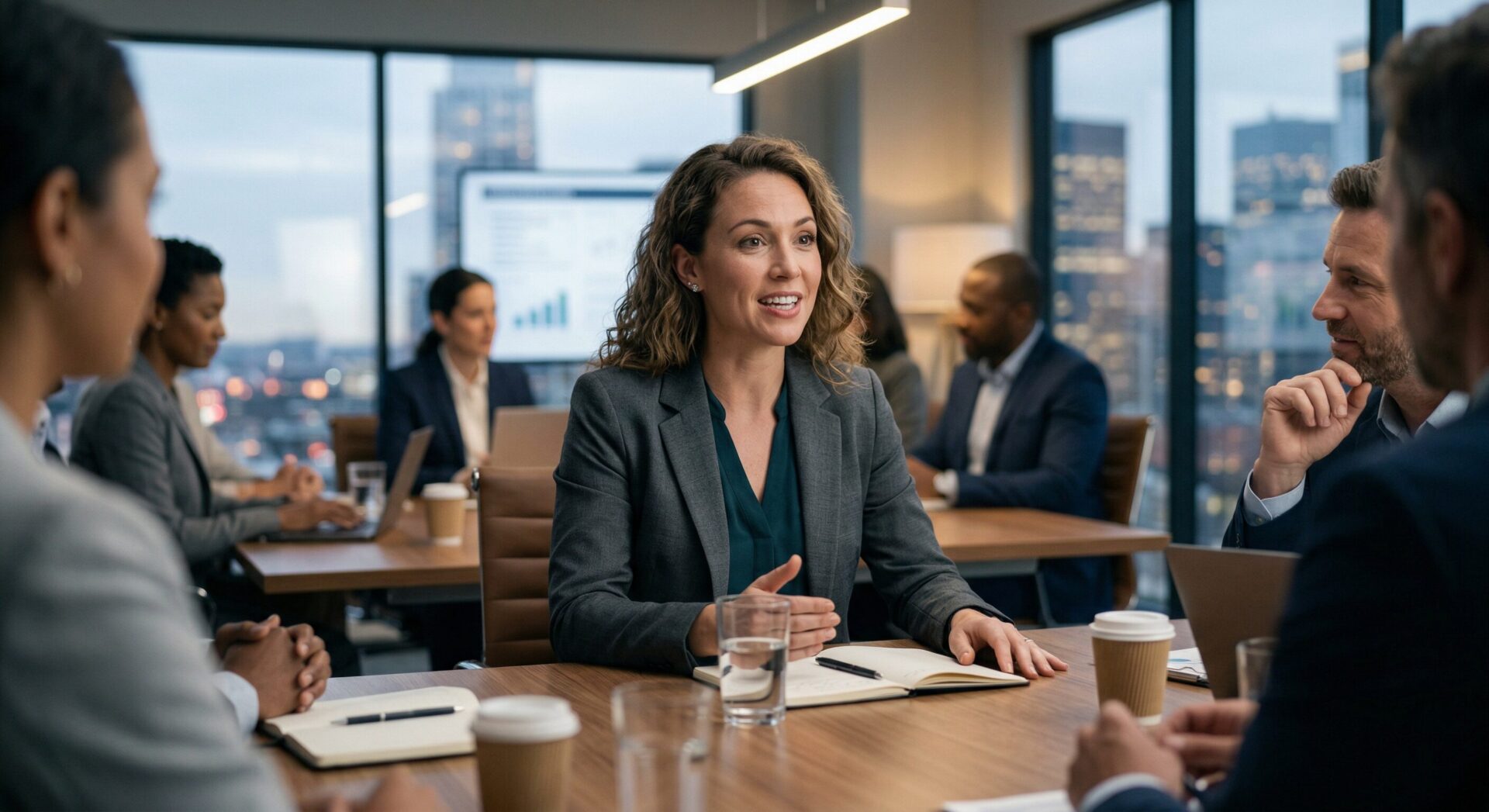 A smiling female executive with curly hair leading a professional meeting in a high-rise corporate boardroom at night, surrounded by a diverse team of colleagues.