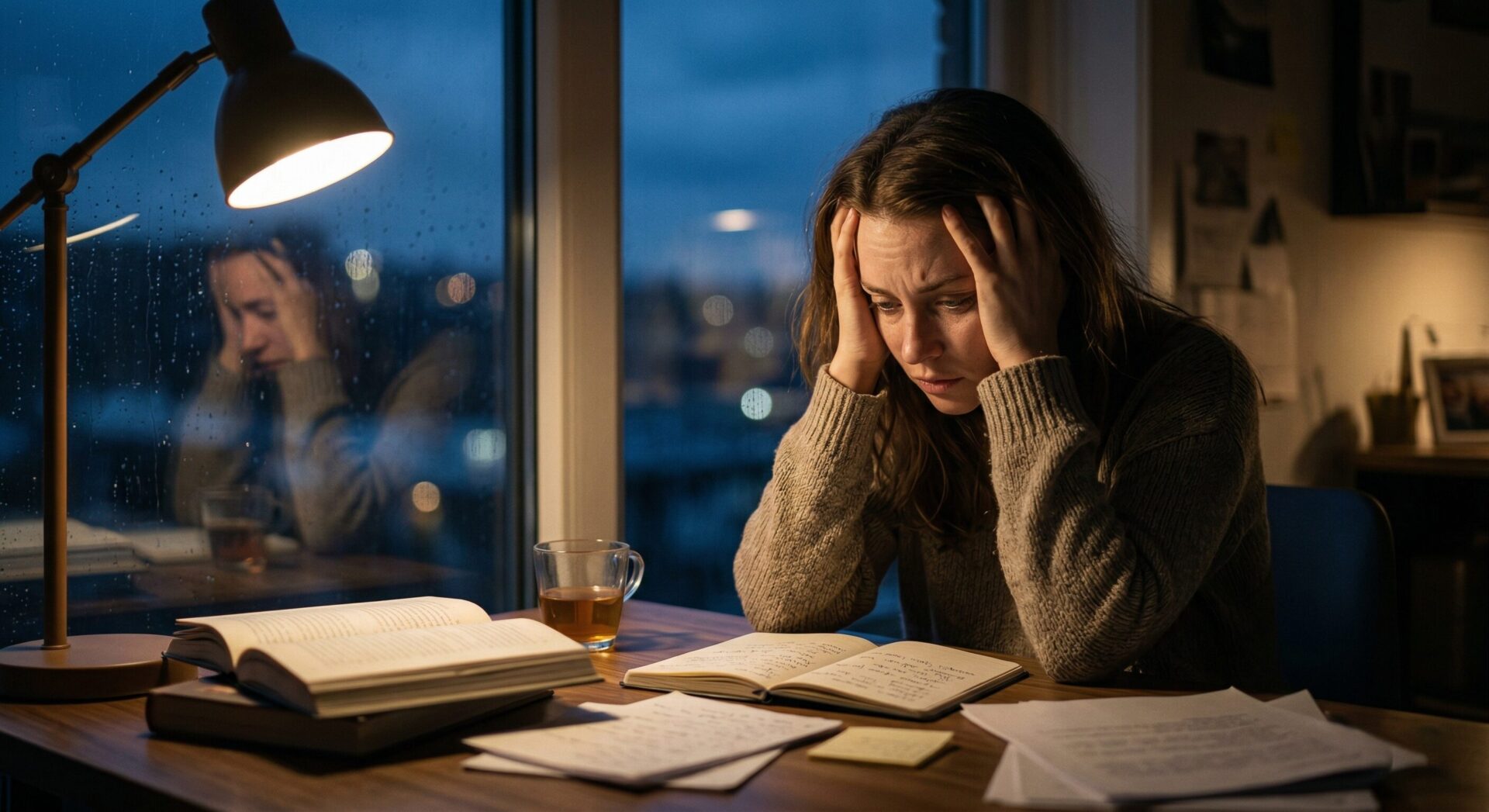 A distressed young woman sitting at a wooden desk at night, holding her head in her hands with an exhausted expression while surrounded by open books, notebooks, and a desk lamp in front of a rainy window.