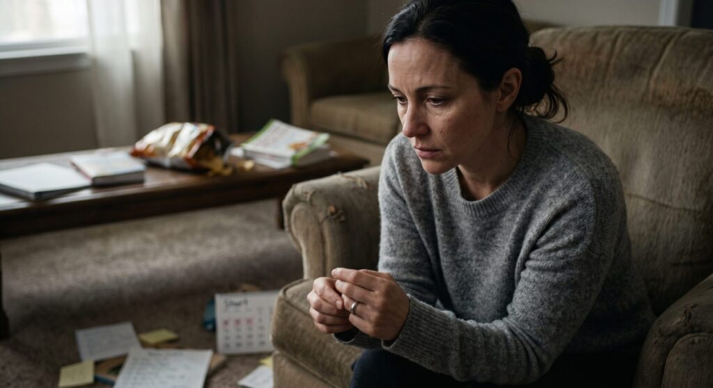 Woman reviewing bills at home, showing stress and concern about finances