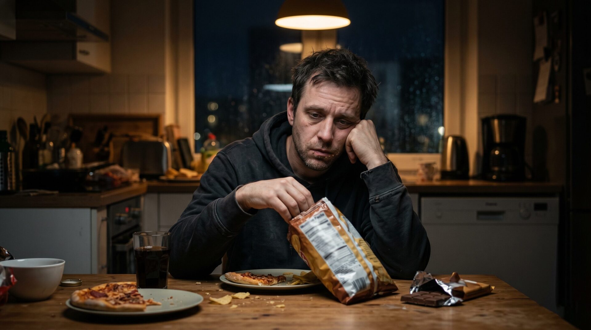 A tired-looking man in a black hoodie sitting at a kitchen table at night, leaning on his hand while mindlessly eating chips, pizza, and chocolate.