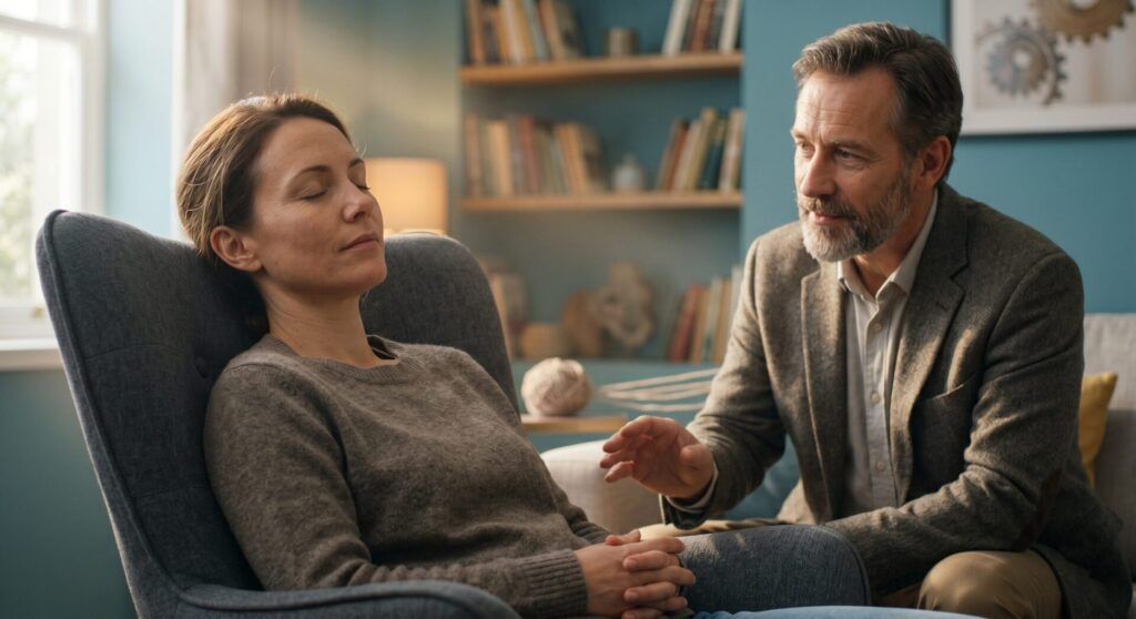 Therapist guiding a client through a focused one-on-one hypnotherapy session