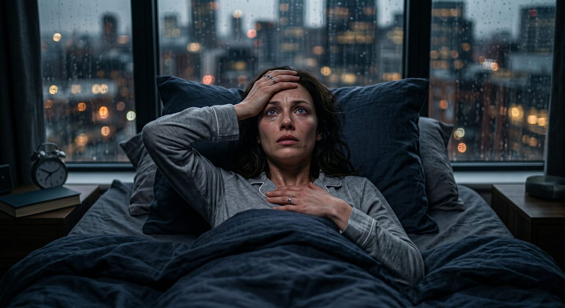 Woman lying in bed feeling anxious and unable to relax before sleep at night