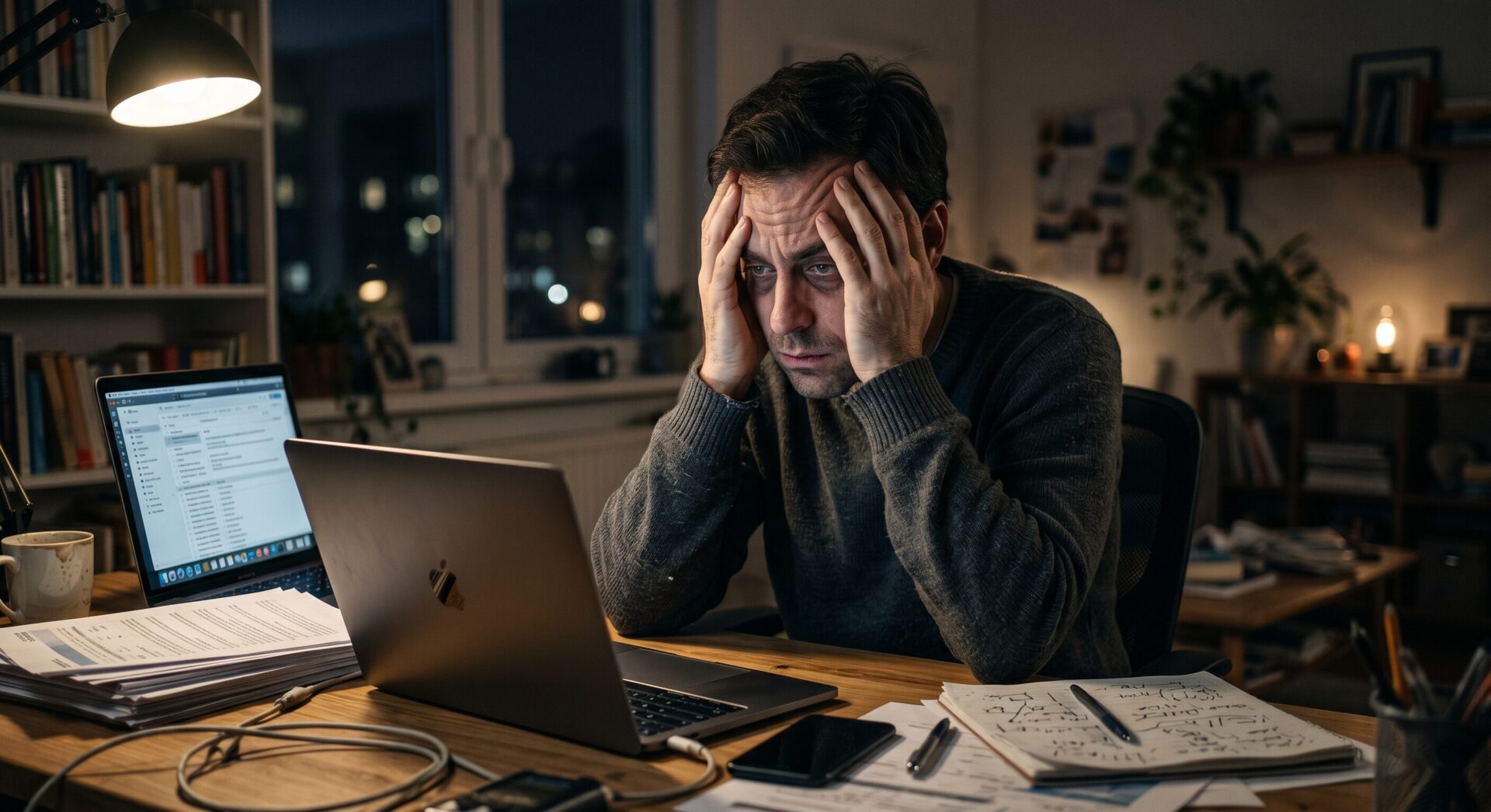 Man working late on laptop feeling stressed and overwhelmed by work pressure