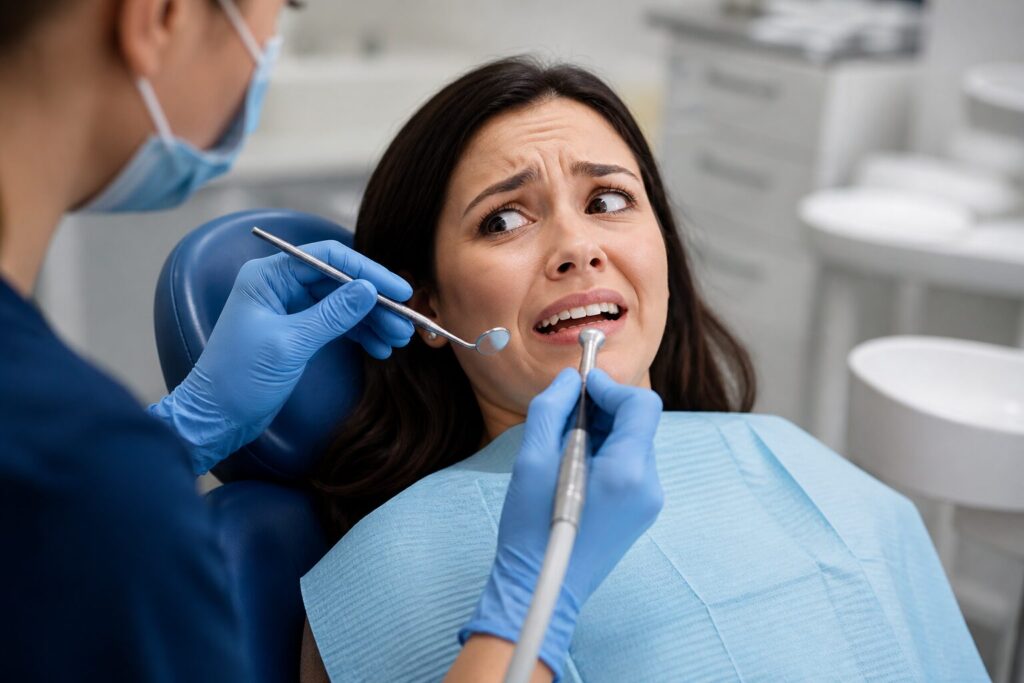 woman at her dental appointment suffering from dental anxiety