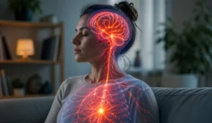 Visualization of hypnosis for anxiety showing brain and nervous system activation, illustrating how stress responses travel from the brain through the body.