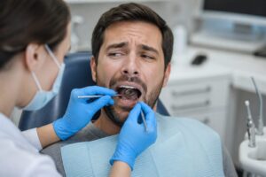 Man looking uncomfortable and gagging during a dental cleaning while a dentist uses instruments near the back of his mouth