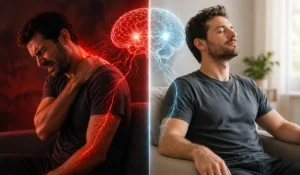 Side-by-side image showing pain reprocessing with a person experiencing chronic pain on one side and relaxed after brain retraining on the other, illustrating how the brain changes pain responses.