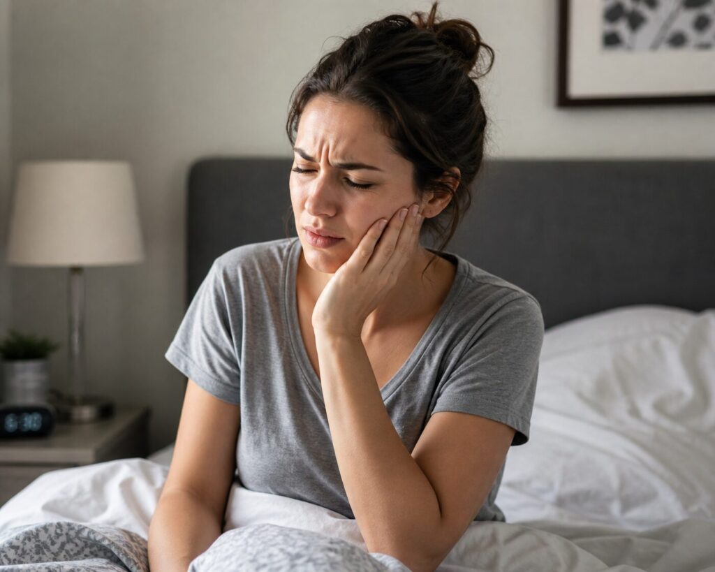 female holding jaw from pain after a night of teeth grinding
