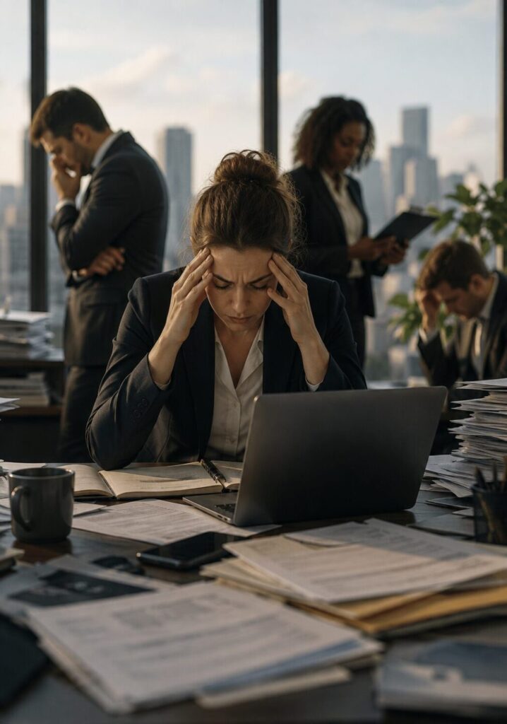 Business executive experiencing burnout and self-doubt