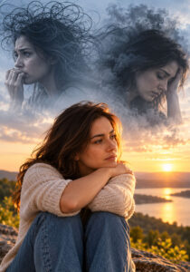 A woman sits pensively by a lake at sunset, with overlapping images of anxious and distressed expressions above her, symbolizing the connection between anxiety and depression.