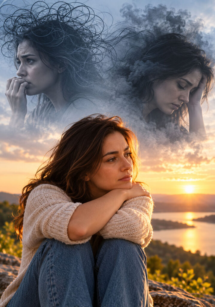 A woman sits pensively by a lake at sunset, with overlapping images of anxious and distressed expressions above her, symbolizing the connection between anxiety and depression.