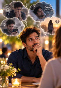 A thoughtful man experiencing dating anxiety sits across from a woman in a café, surrounded by visualizations of overthinking, fear of rejection, and relationship worries.
