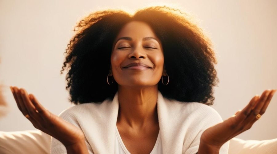 A woman accepting herself and showing herself kindness.