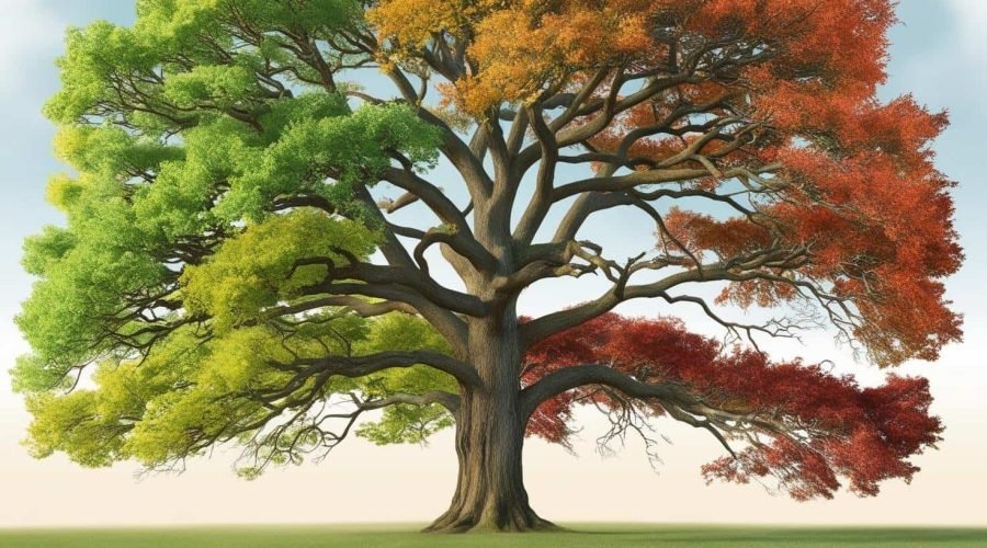 A tree growing over time, going from season to season.
