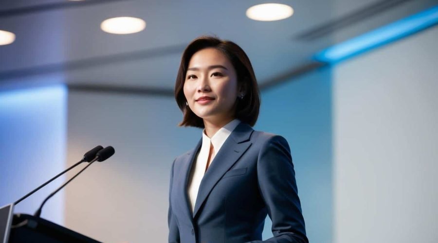 asian woman confidently giving a speeck