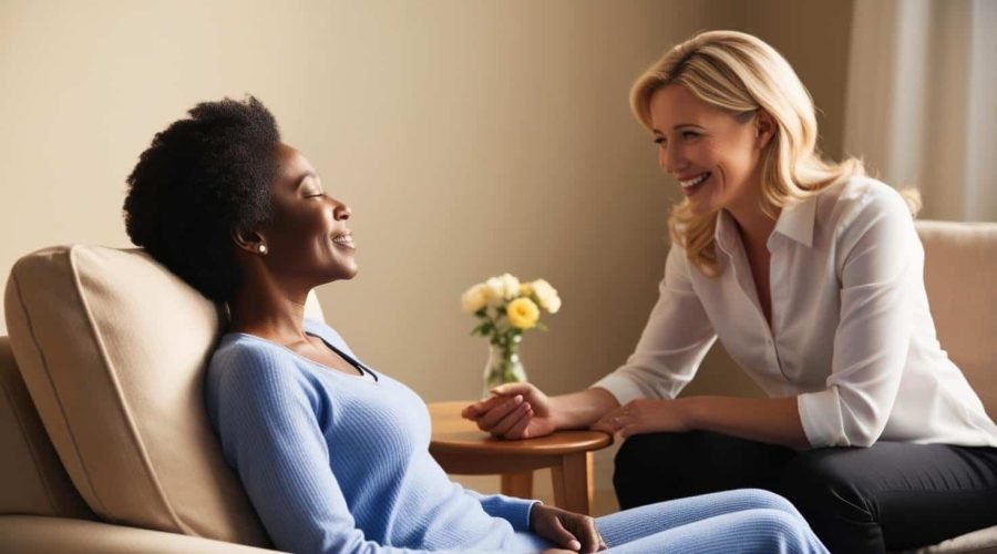 Black woman smiling in a peaceful, relaxed state during a hypnosis session