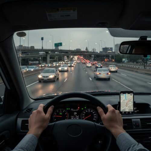 Point of view from the driver's seat on a rainy evening, showing heavy rush hour traffic on a multi-lane city highway with a smartphone displaying GPS navigation on the dashboard.