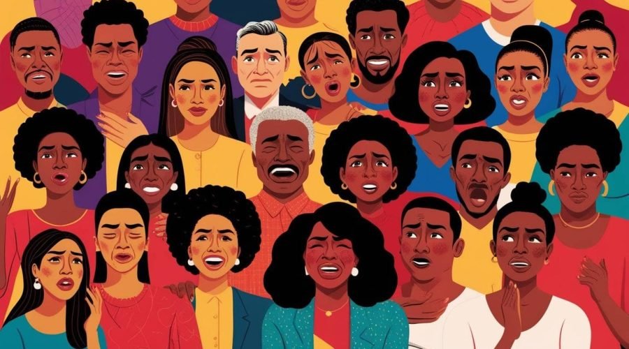 A group of people all with different emotions.