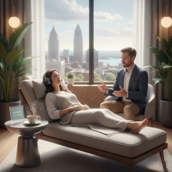 Woman relaxing on a chaise lounge with headphones for meditation or therapy, while a male counselor gestures to her in a modern office with a city view, focusing on emotional wellness.