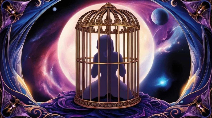 Woman locked in a cage, limited by her beliefs about herself.