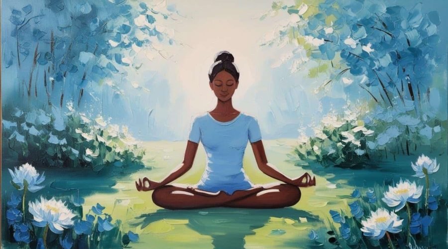 A woman meditating in the woods.